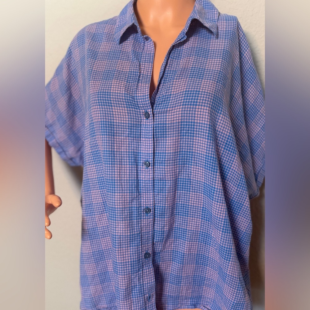 Patagonia Women XL Plaid Shirt Blue Pink Lightweight Button Up